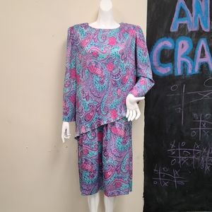 Vintage Pink & Blue Paisley and Floral Print Dress